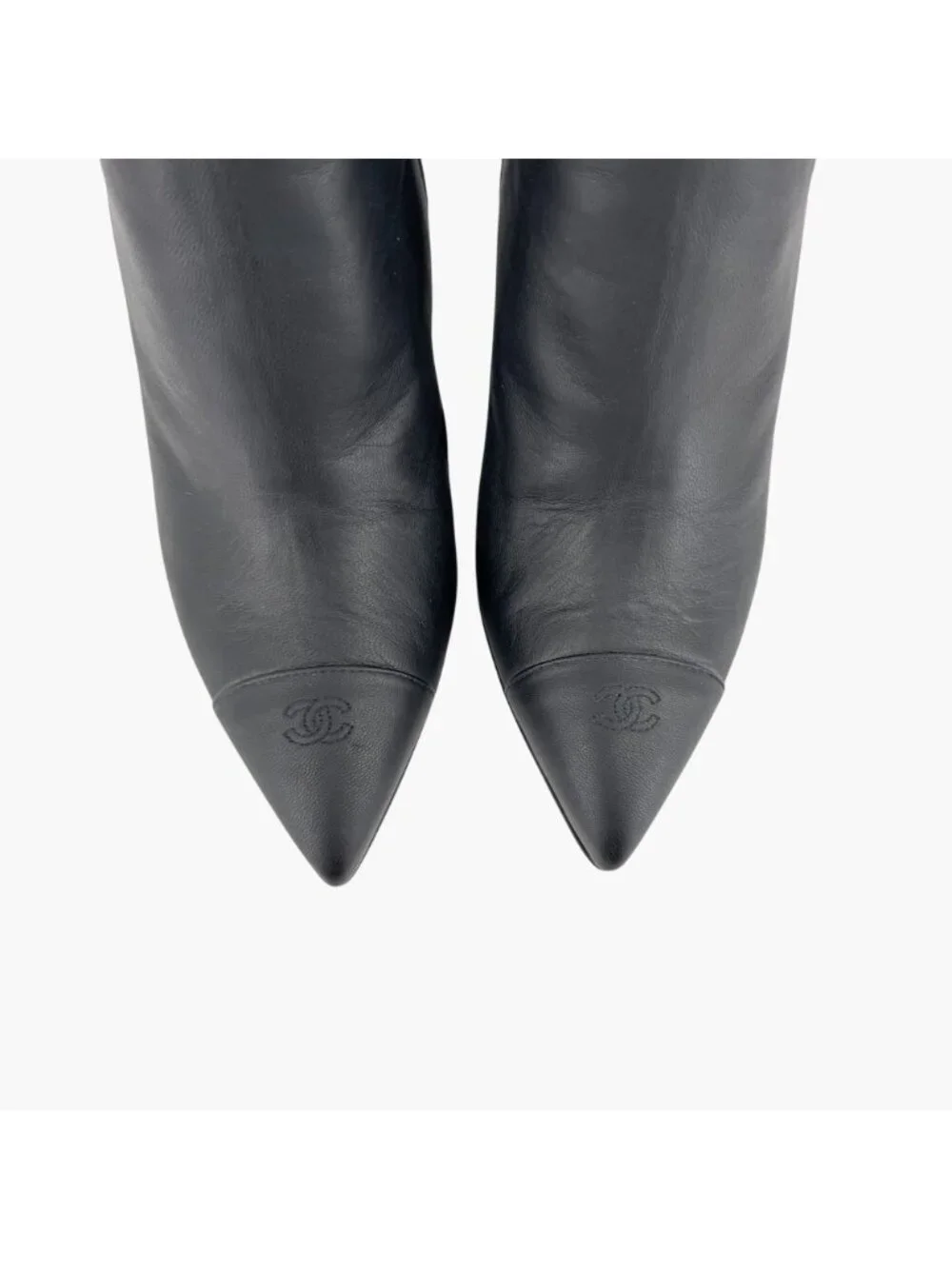 Chanel CC Black Leather Pointed Chain Wedge Ankle Boot Bootie Size 39.5 US 8.5-9